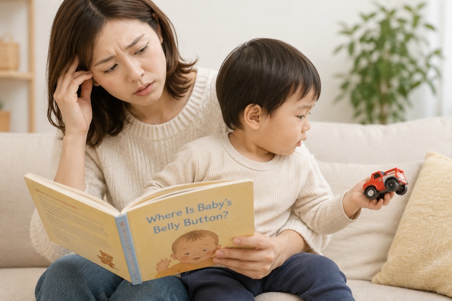 英語絵本を読もうとするお母さんの横で、おもちゃの車で遊んでしまう子ども